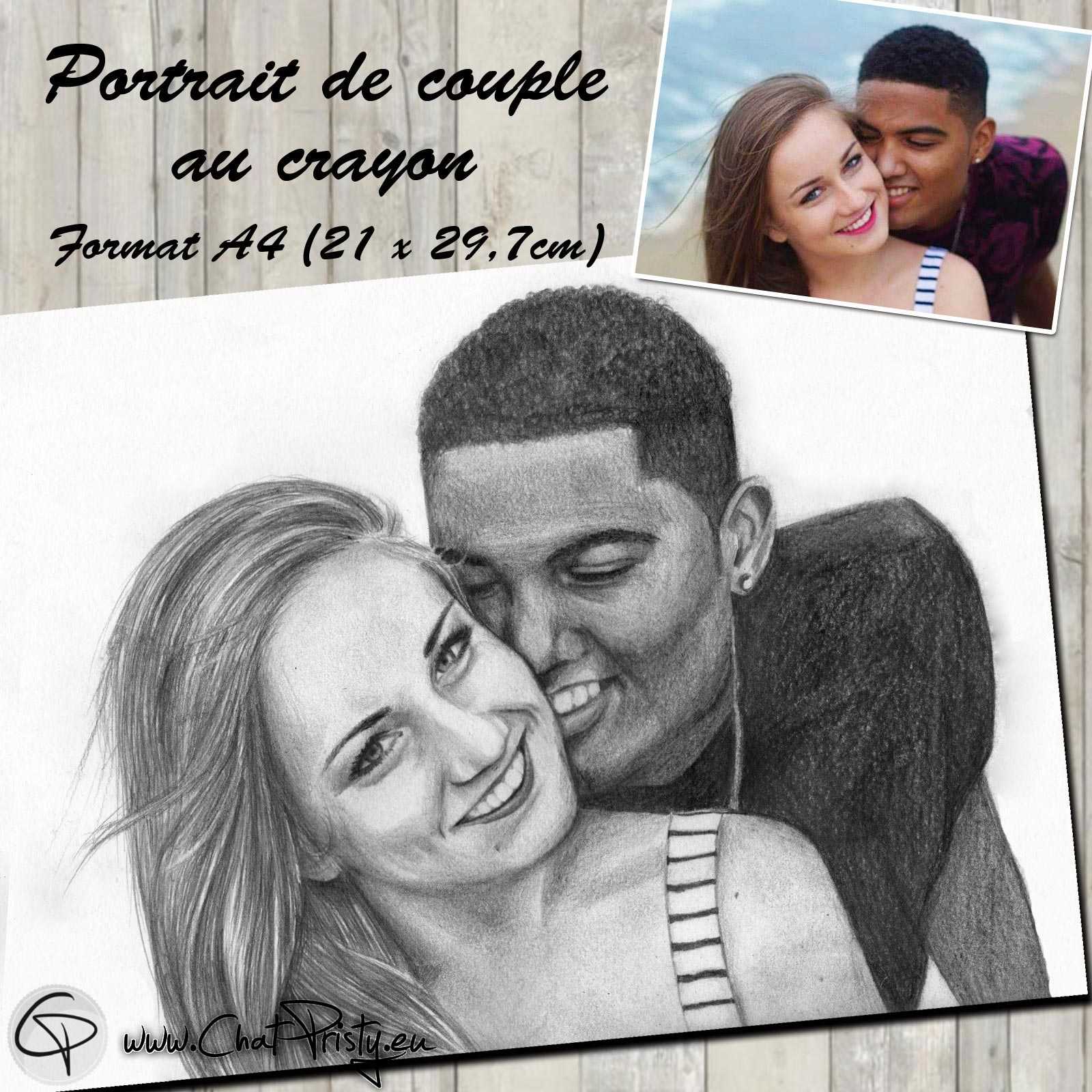 Portrait De Couple Amoureux Fait Main Au Crayon Cadre