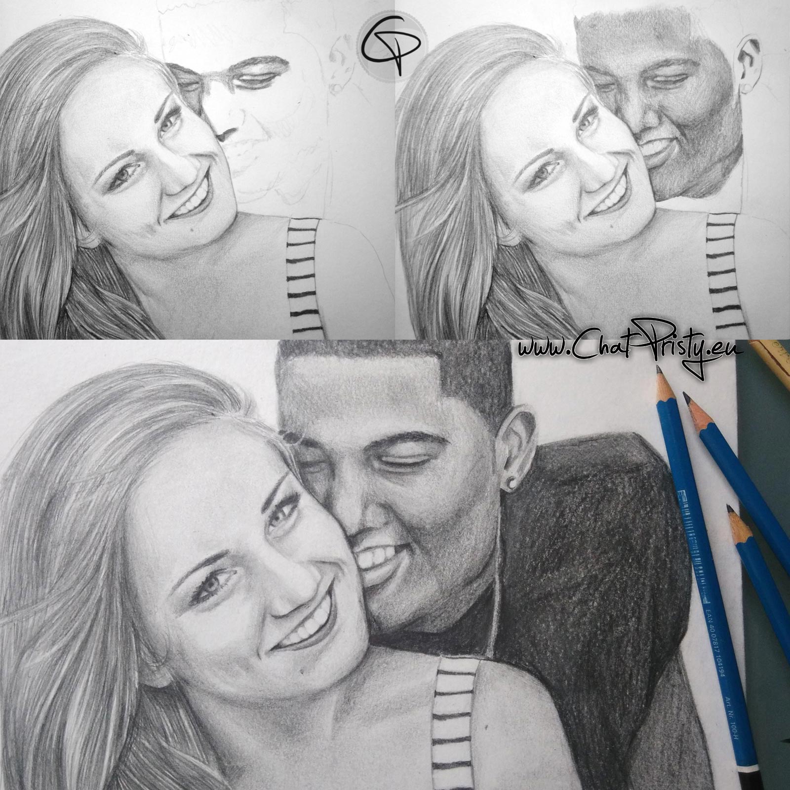  Portrait  de couple  amoureux fait main au crayon cadre